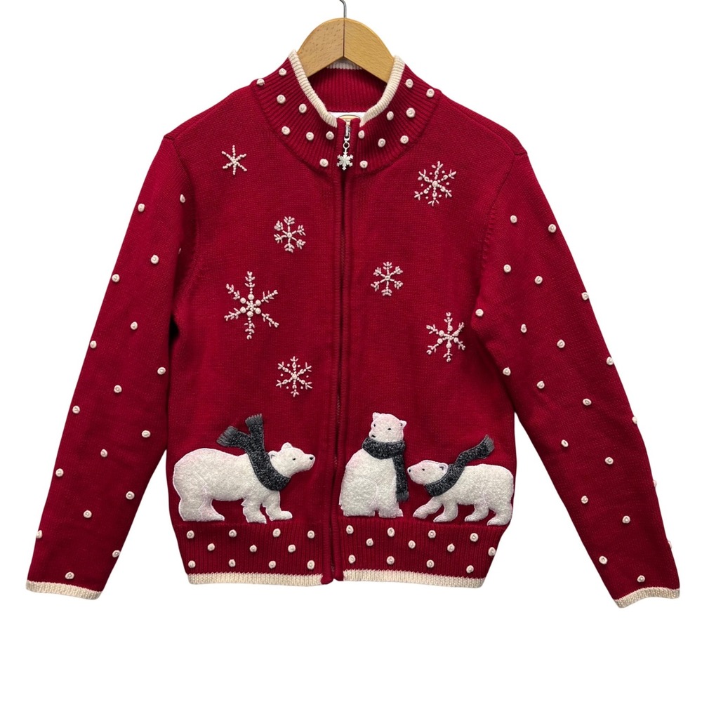 Talbots Red Polar Bear Snowflake Zip Up Cardigan Sweater Womens Small Holiday